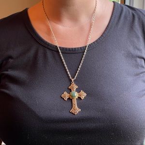 Vintage Cross necklace with jade color stone